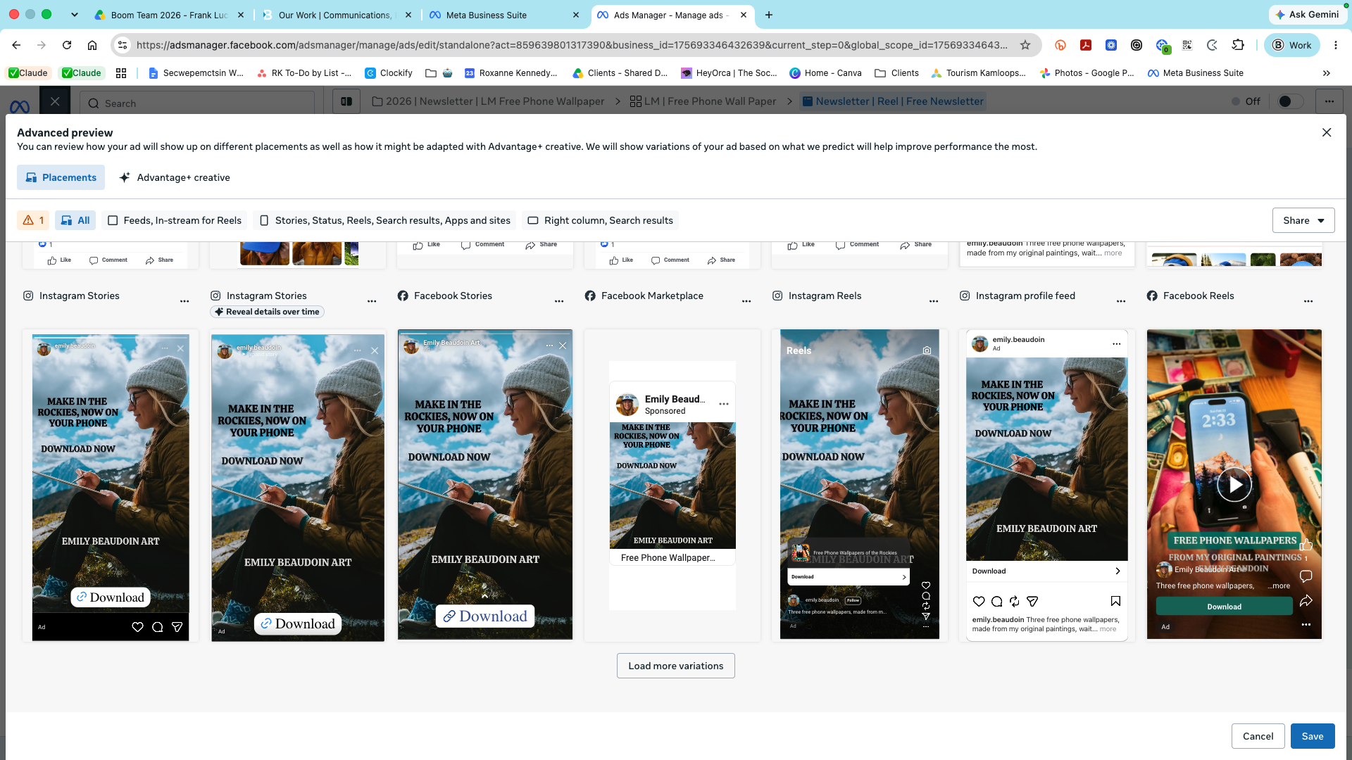 Second Meta Ads Manager preview of Emily Beaudoin Art free phone wallpapers creative
