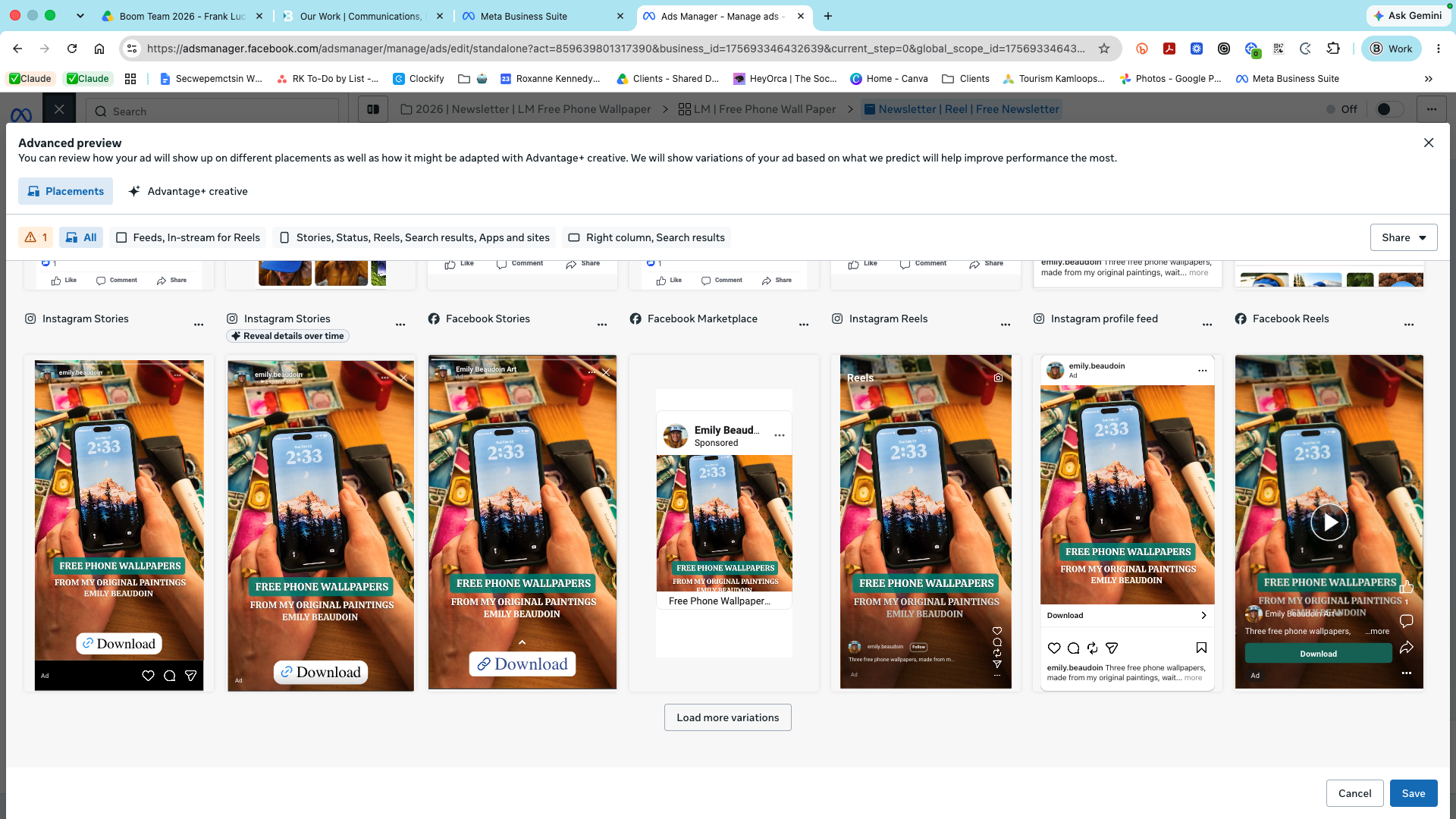 Meta Ads Manager preview of Emily Beaudoin Art free phone wallpapers creative