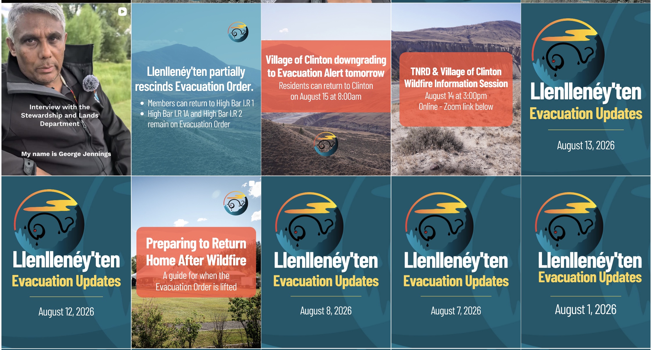 A selection of Llenllenéy’ten’s dated wildfire and evacuation updates from August 2026
