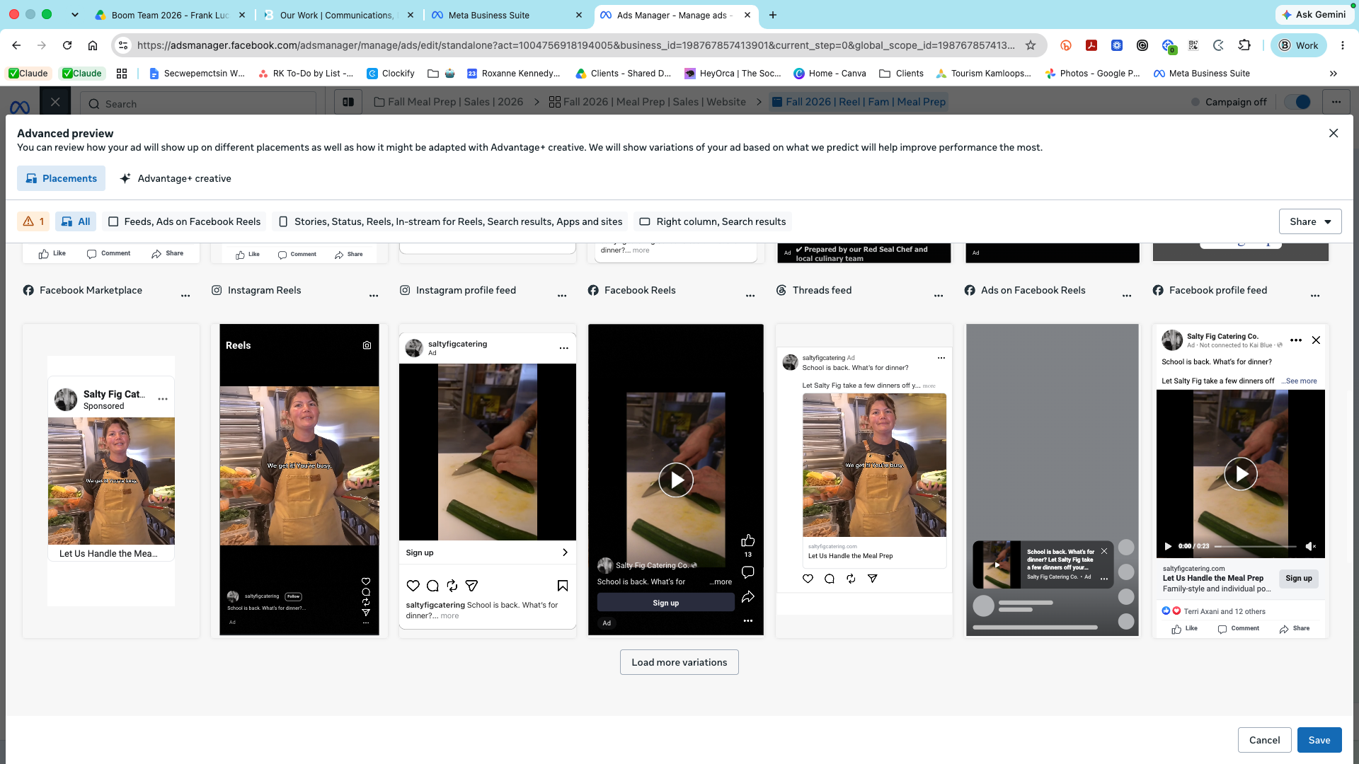 Meta Ads Manager preview of a Salty Fig Catering meal-prep video ad